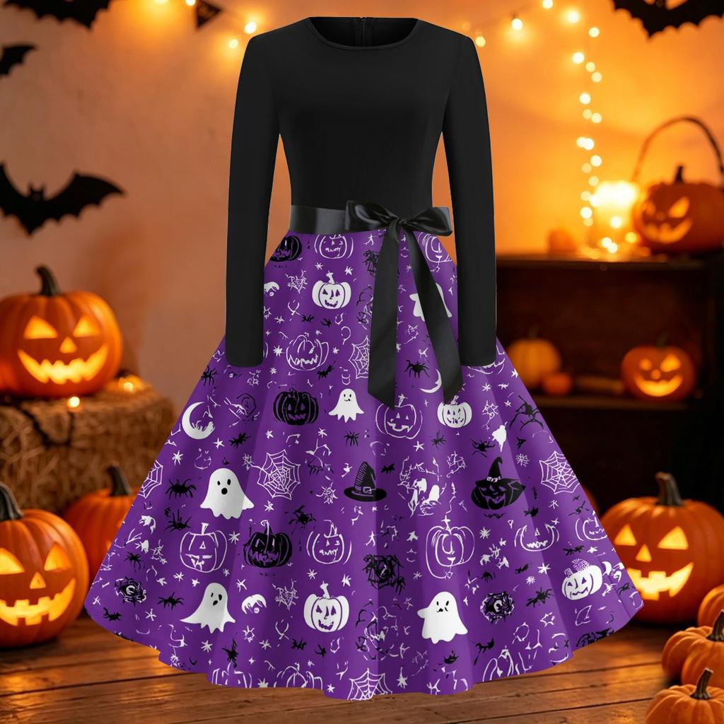 Women's Casual Long Sleeve Halloween Dress Fit and Flare Round Neck Dress with Printed Skirt and Waist Tie for Fall and Party