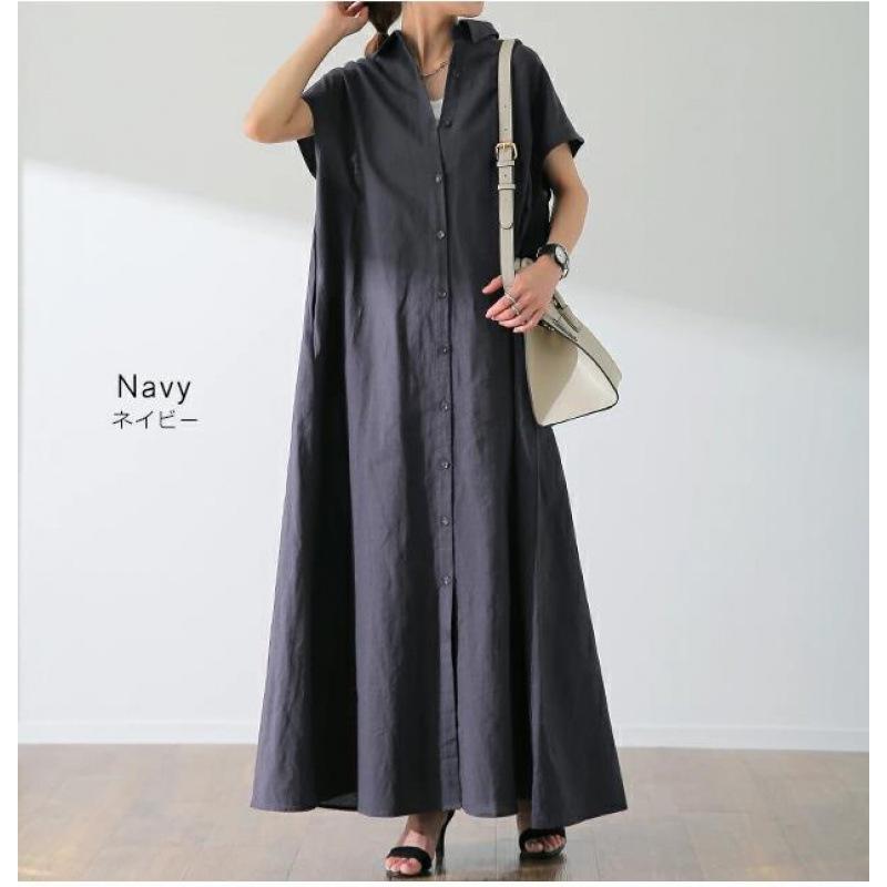 Women's Loose Fitting Pullover Short Sleeved Cotton and Linen Dress