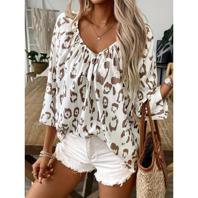 Temperament Commuting Top Leopard Print Large V-neck Pleated Seven Quarter Sleeve Women's Blouses & Shirts