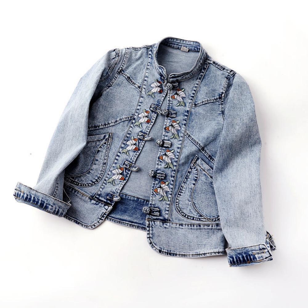 Giacca di Jeans da Donna con Collo Alto e Maniche Lunghe Vestibilità Larga Cappotto Vintage Ricamato Capospalla Casual