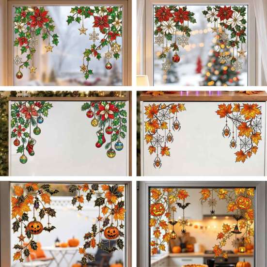 Removable Vinyl Window Decals 2Pcs Stained Glass Style Film, Hanging Vine Stickers, Christmas Weather Resistant Halloween Static Clings for