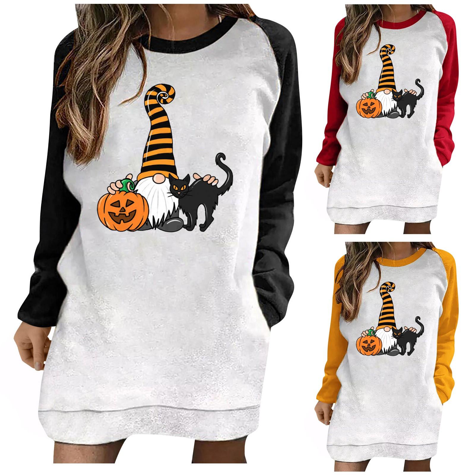 

Женский повседневный пуловер с принтом на Хэллоуин, модный свободный длинный свитер