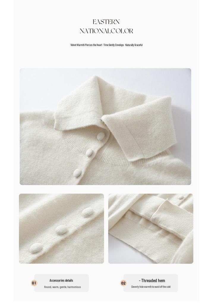 Women's Soft Solid Color Cashmere Knit Cardigan with POLO Collar