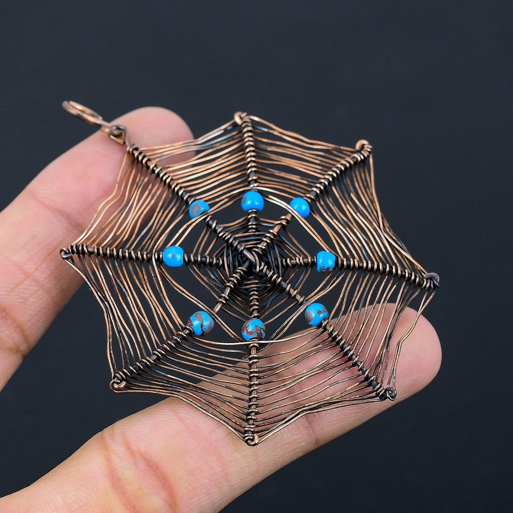 Spider Web Shaped Turquoise Gemstone Pure Copper Wire Wrapped Handmade Pendant Jewelry