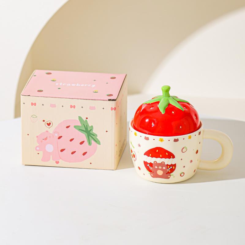 Erdbeerbär Keramiktasse mit Deckel für Mädchen Geschenk Tasse für Haushalt Becher Hochwertig Aussehende Paar Milch Frühstückstasse