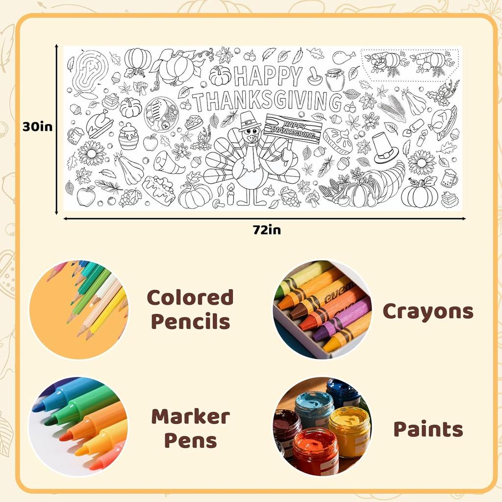 Muswarm Coloring Poster Tablecloth, Giant Poster,Paper Thanksgiving Coloring Banner Games and Family Activities, for Party Decorations,