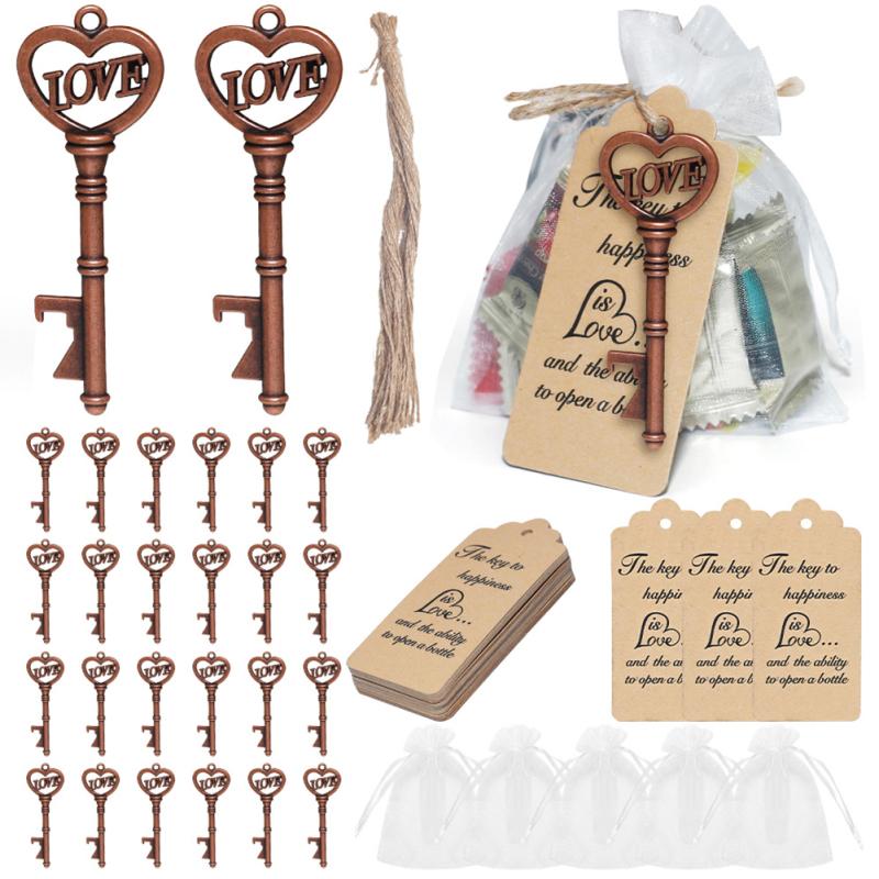 

30 комплектов свадебных сувениров, открывалка для бутылок с розовым ключом и 30 бирками, веревками и сумками из пряжи, свадебные гости