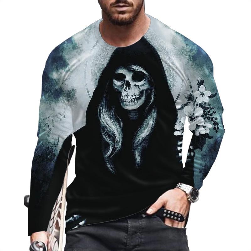 Autumn Winter Men's Christmas Pullover Long Sleeve Top Loose Fit Spring Skeleton Youth Men Round Neck Casual T-shirt
