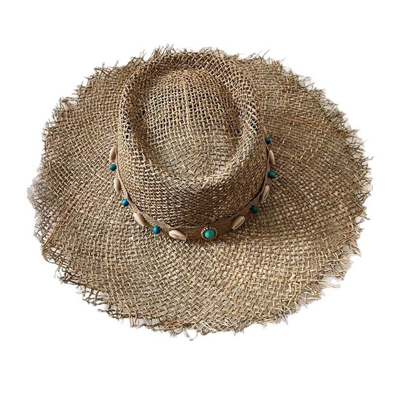 Salzgras Muschel Ethnischer Hut Sommer Strandurlaub Strohhut Atmungsaktiv Sonnenschutz Hohler Strohhut mit breiter Krempe