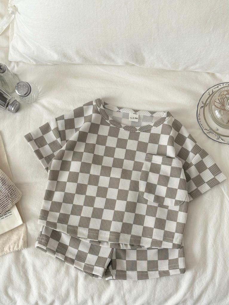 Summer 2026 Korean Style Plaid Two-Piece Set for Kids (0-3 Years) - Short Sleeve & Shorts