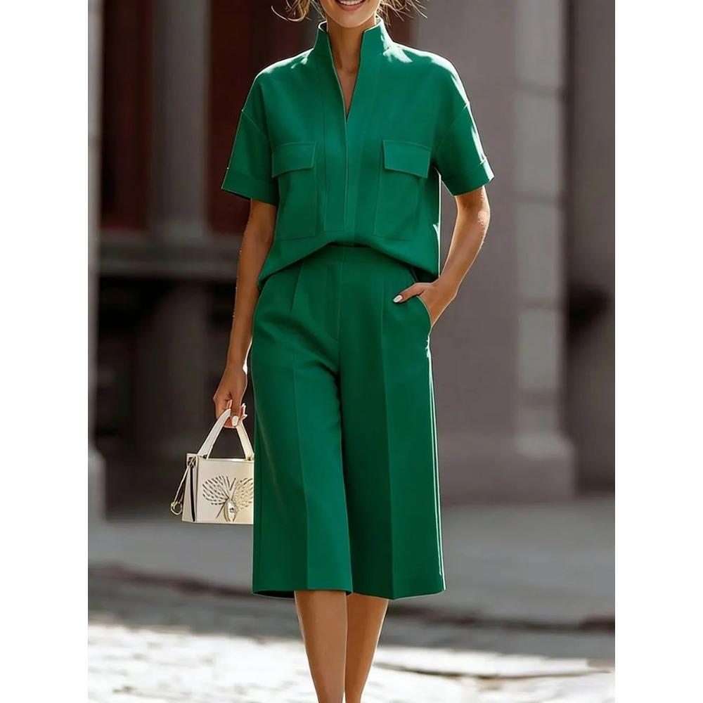 Women's Loose Fit Two-piece Outfit Set Short Sleeve Stand Collar Shirt High Waist Culotte Coordinates