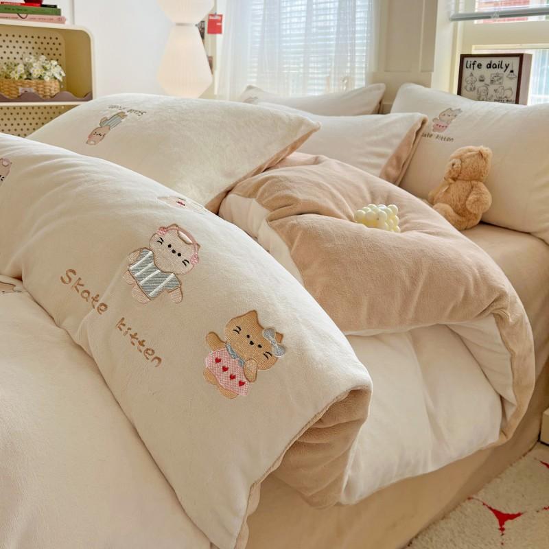 Ins Cute Cartoon Milk Fleece Bedding Set Winter Flannel Duvet Cover Sheet