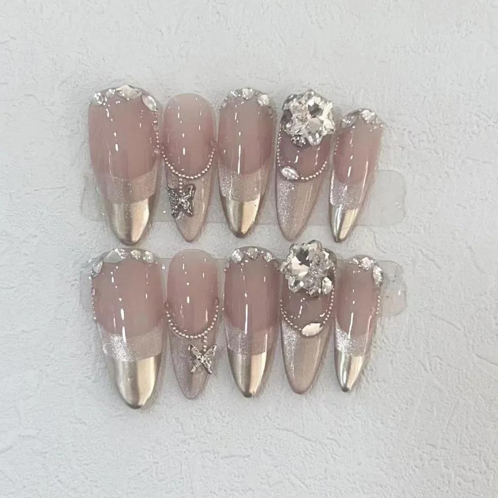 10 Pcs Long Almond Handmade Press On Nails With Rhinestones Reusable Stick On False Nails