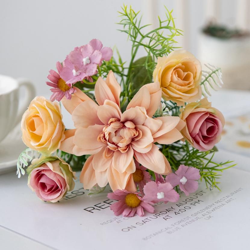 1Pc Artificial Flowers Dahlia Little Roses Combination Wedding Bridal Bouquet Festival Wreath Home Floral Arrangement Room Decor