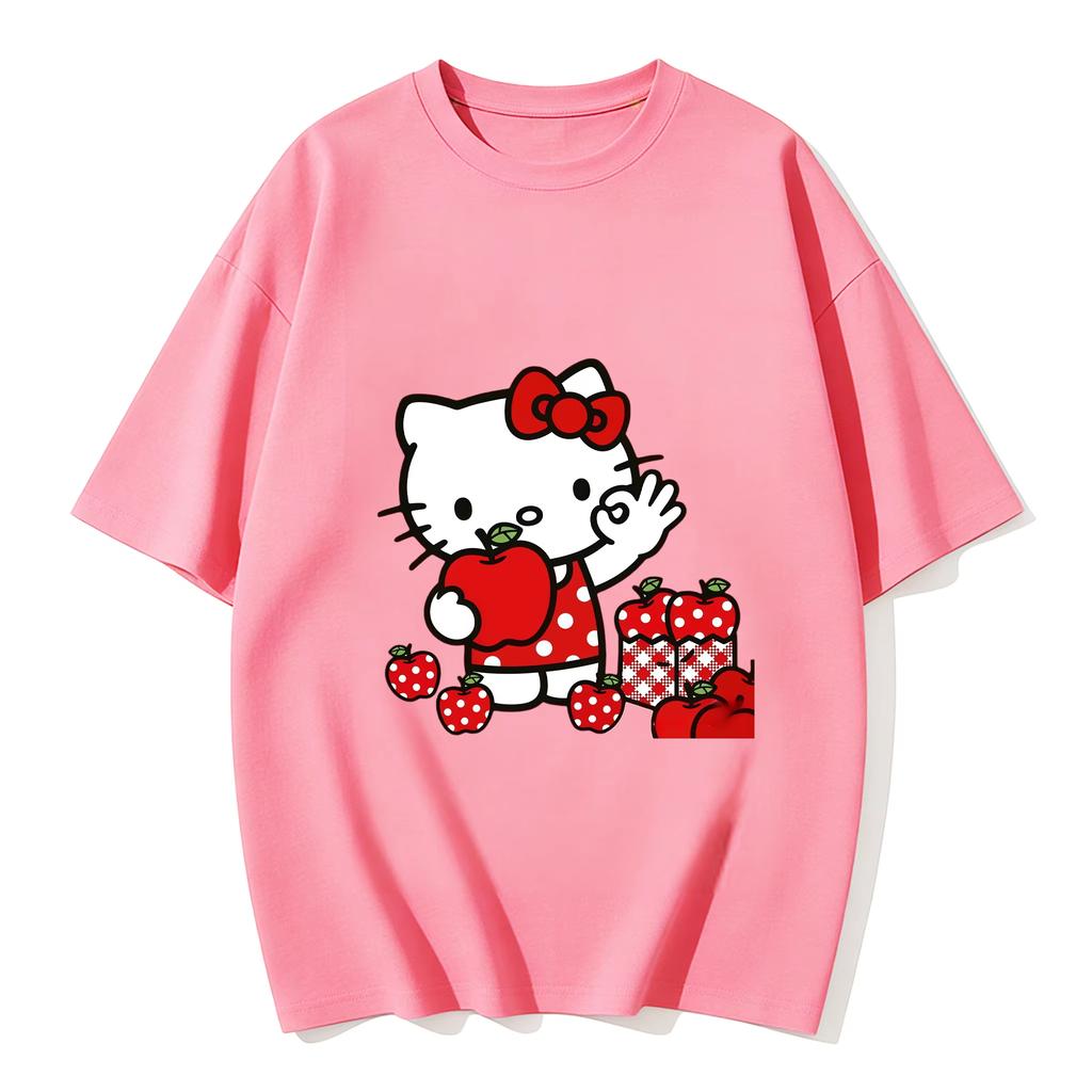 2026 New Summer HelloKitty Cute Graphic Tee Casual Short Sleeve Cotton Top for Women Girls Kawaii Cartoon Print Streetwear