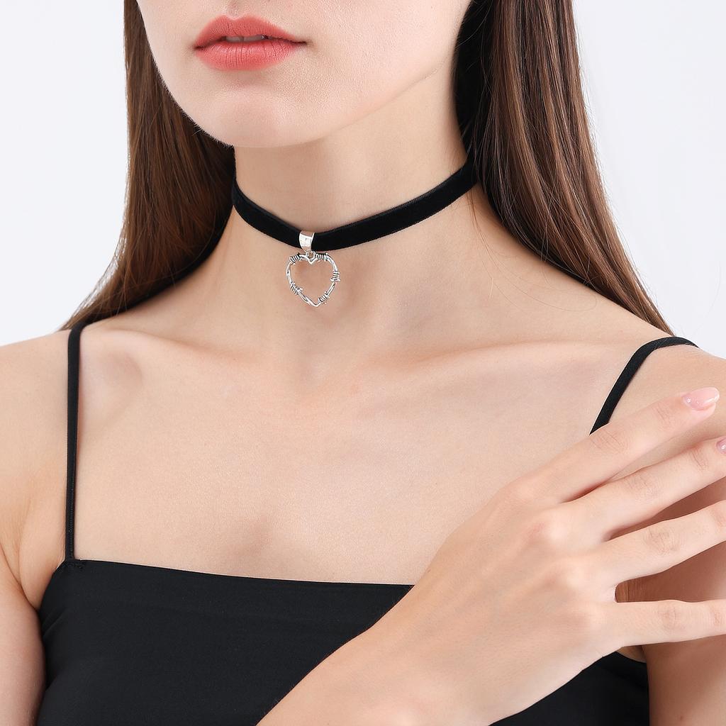 trendy black ribbon neck chain hollow love necklace, dark dance collarbone chain