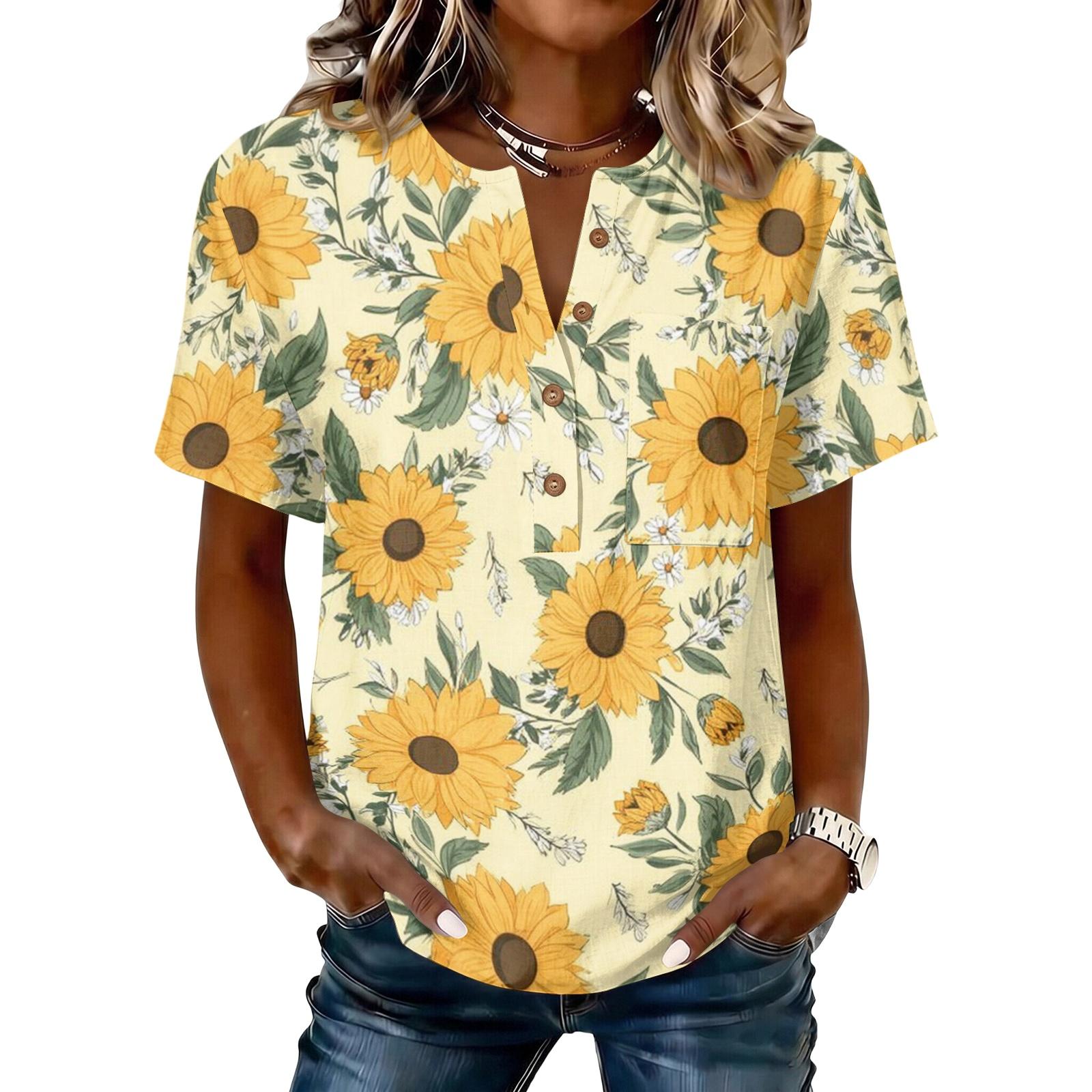 Women s Short Sleeve Shirt Printed Cotton Linen Blouse Casual Button Top S