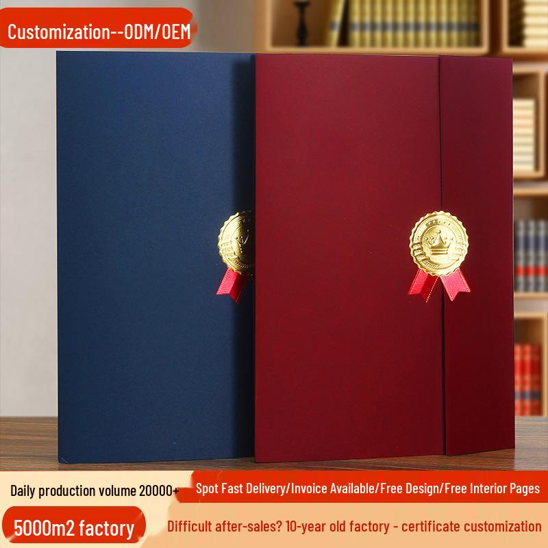 European Gold-Stamped Tri-Fold Certificate Cover, A4, with Embossed Paper and Logo.