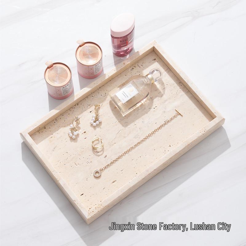 Nordic Beige Travertine Marble Tray: Light Luxury Entrance Hall Decoration & Jewelry Storage Ornament