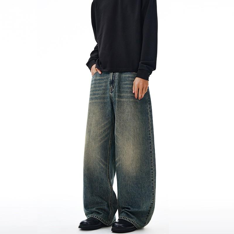 Mens Vintage Washed Straight Fit Denim Jeans With Whiskering Loose Casual Trousers Teens Adults