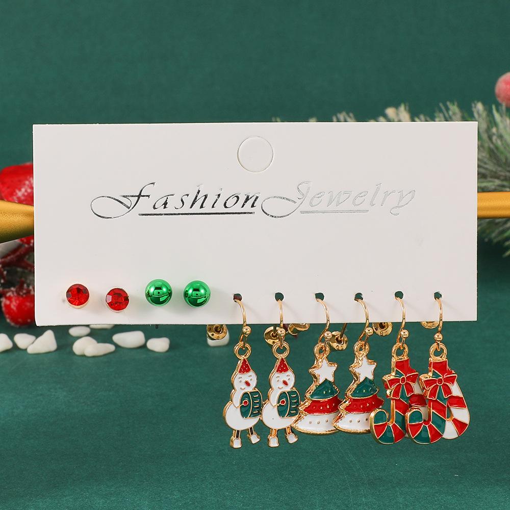 2026 fashion Christmas accessories 5 pairs of card earrings 2025 oil dripping red and green Christmas tree snowman earrings wholesale