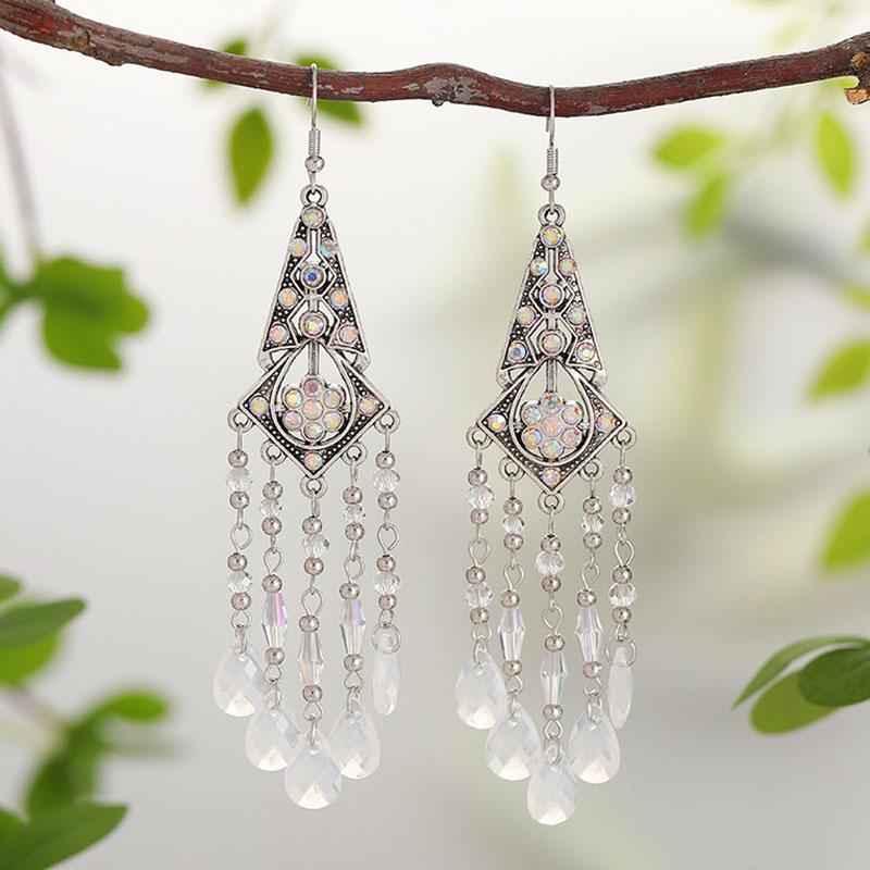 New Bohemian Rhinestone Water Drop Earrings for Women Ethnic Long Crystal Tassel Earring Party Vacation Jewelry