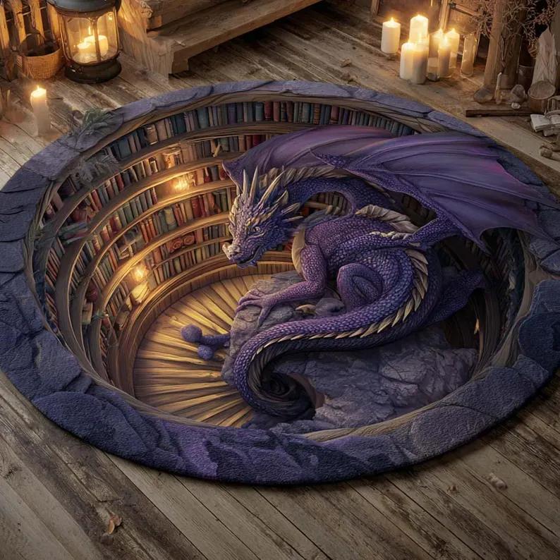 Fantasy Dragon 3D Printed Round Rug, Library Dragon Hole Illusion Floor Mat, Mystic Home Decor, Round Carpet Fashion Home Decor 60cmx60cm