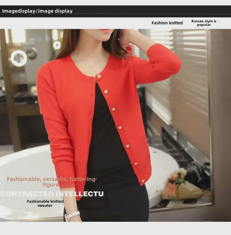 Women's Slim Round Neck Knitted Cardigan - Lightweight, Solid Color Sweater for Spring and Autumn