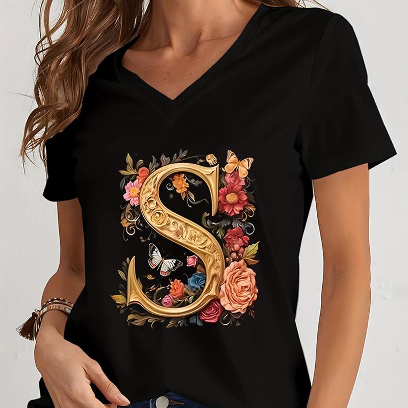 Women Tshirts AZ 26 Alphabet Flower Vintage Design Premium Tshirt Vintage Butterfly Flower 26 English Alphabet Summer Tshirt S