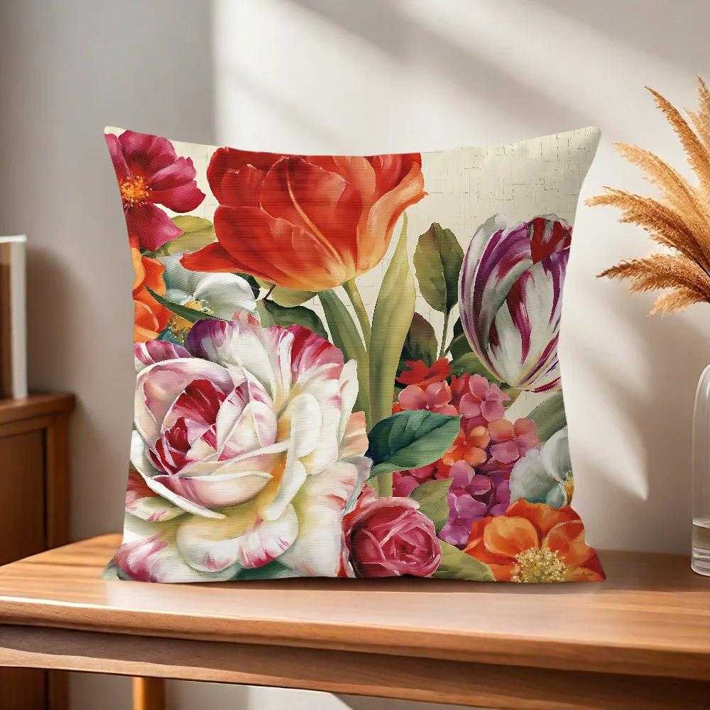 Flower Soft Pillow Case Exquisite For Sofa Living Room Retro Home Office Decor Protective Covers Style Without Art Pillow-Insert