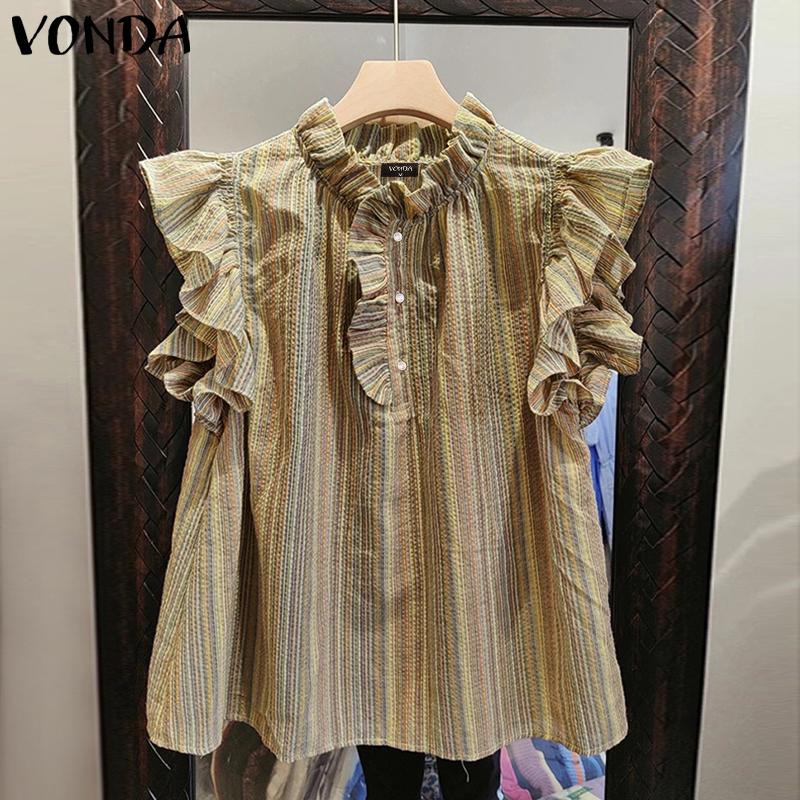 

VONDA Summer Vintage Women Ruffled Sleeveless Striped Print Casual Tank Tops 5XL жёлтый