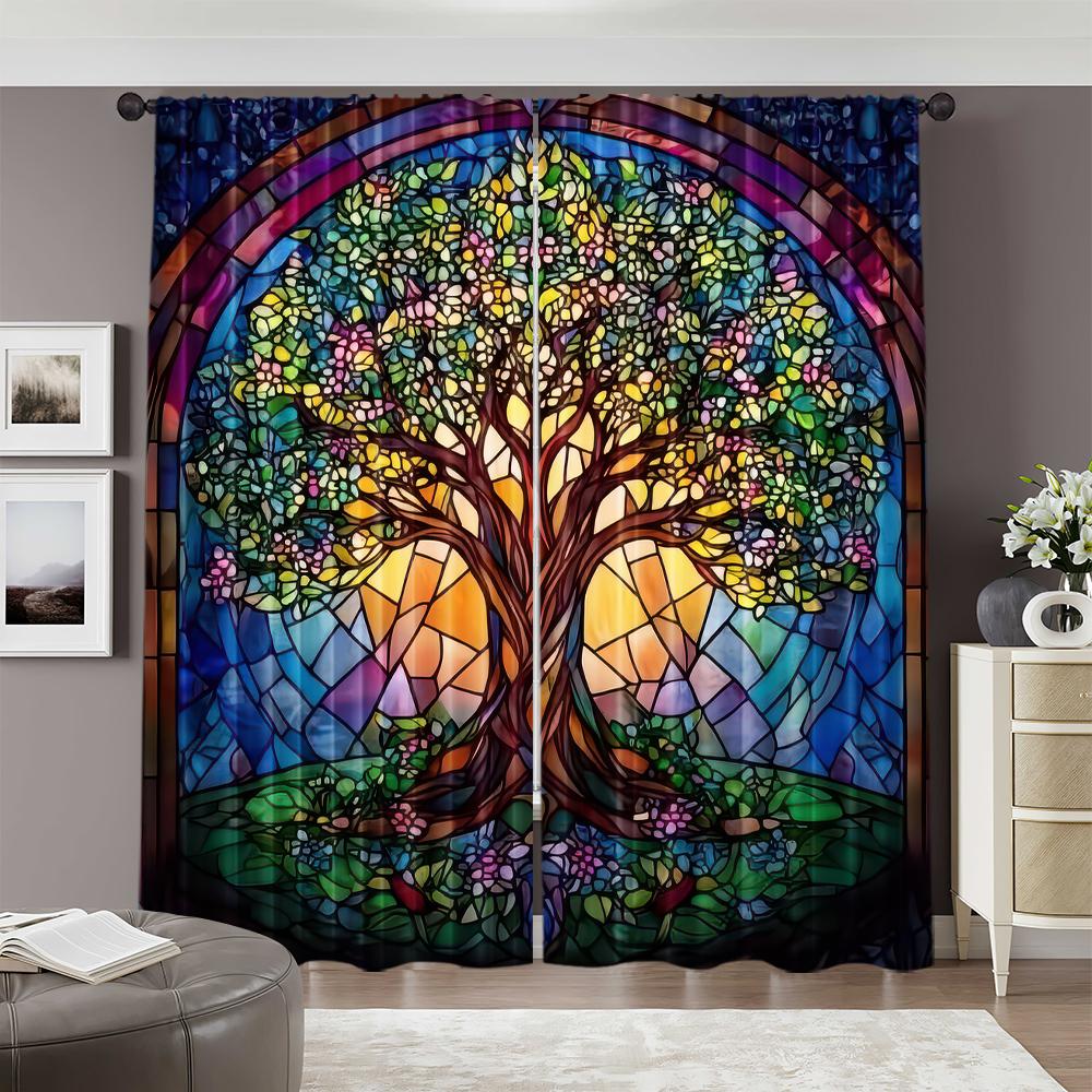 Set Of 2 Spring Summer Curtains Stained Glass Tree Life Yarn Polyester Room Decor Kitchen Study Made Cooking Area Window Treatment