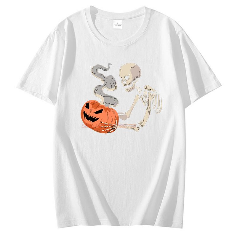 Skeleton With Pumpkin Head Funny Graphic T Shirts Halloween Breathable Printing Tees Tops Summer Cotton Casual Oneck T Shirt