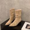 Damenschuhe Frühling und Herbst Wildleder Einzelstiefel Blockabsatz Khaki Neue Französische Damenschuhe