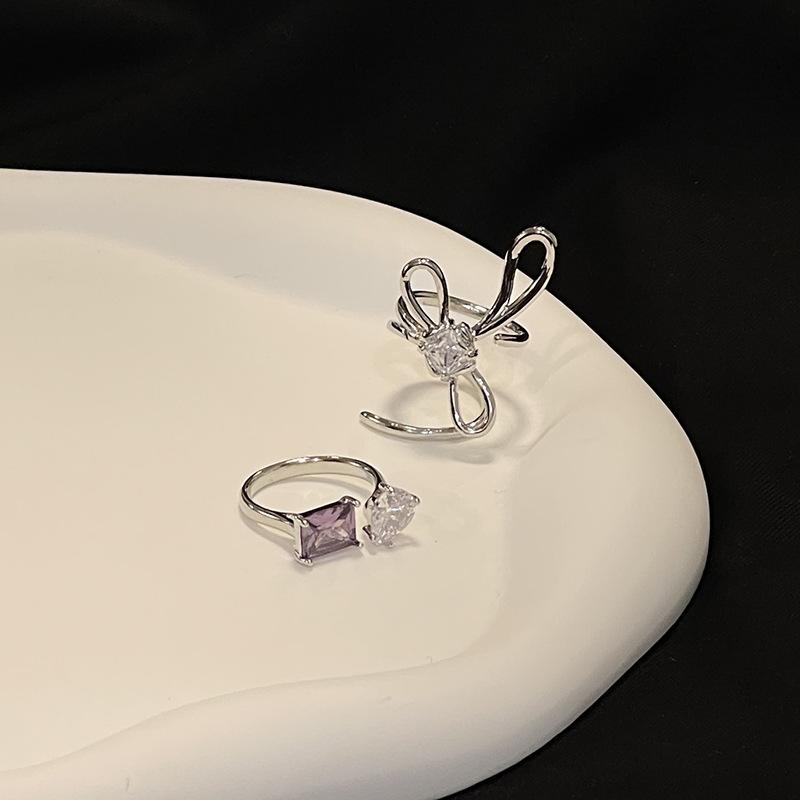 Bow Personality Geometric Line Open Ring Female Zircon Premium Light Luxury Niche Design French Ring