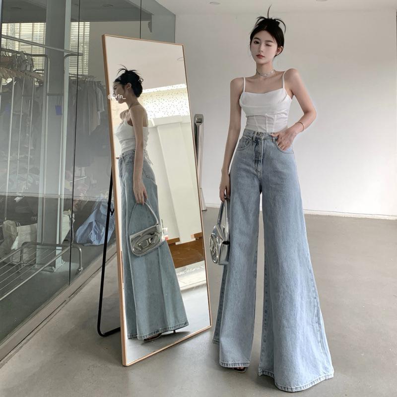 

Women s Light Retro High-Waisted Wide-Leg Denim Pants - Autumn Loose Fit, Floor-Length Design L синий/джинсовый