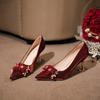 2025 New Pointed Toe Rhinestone Flower Red  Wedding Shoes Women's Block Heel High Heel Single Shoes Chinese Style