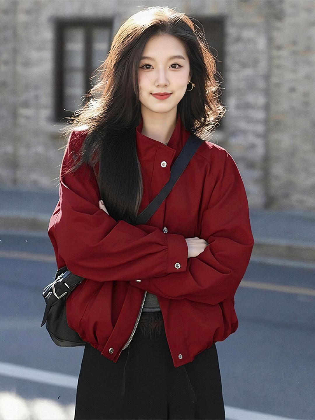 Women s High-End American Style Short Red Winter Jacket - Unique and Beautiful Small