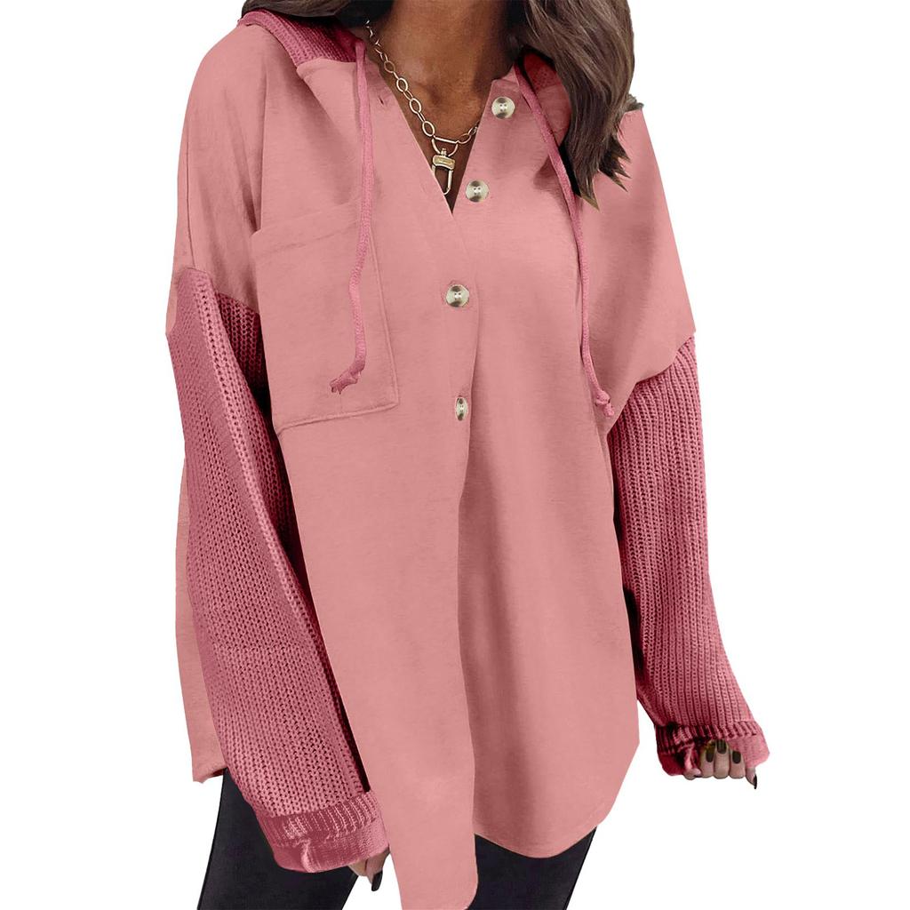 Women's Oversized Casual Long-Sleeve Button-Up Hoodie Knit Patchwork Hoodie With Pockets