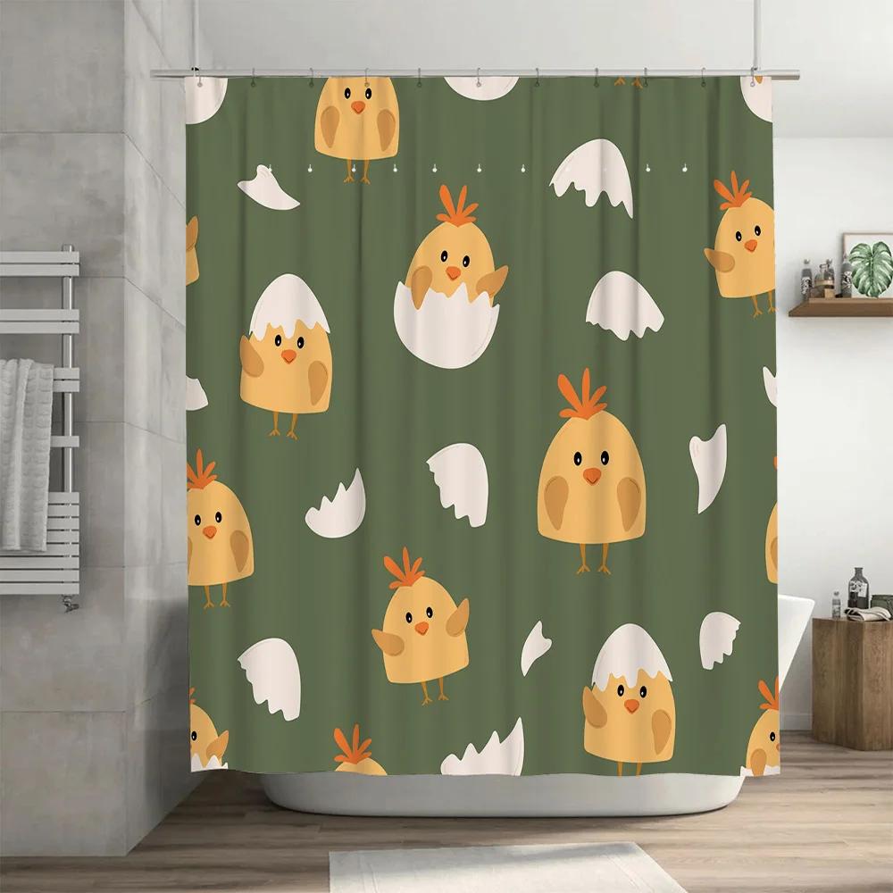 Chicken Eggshell Shower Curtain Green Yellow Chicken Print Bath Mat Decor For Kids Room Polyester Fabric Waterproof Home Linen A