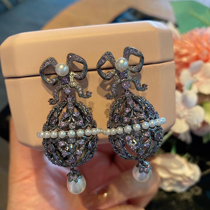 Unique Design French Bow Lantern Earrings Simulated Pearl Water Drop Personality Earrings Luxury Hollow Dangle Earrings