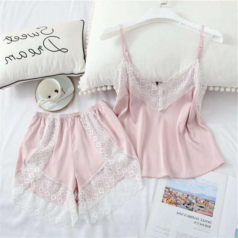 Women's Silk Satin Pajamas Set Sling Simulation Silk Pajamas Casual Wear M~XL