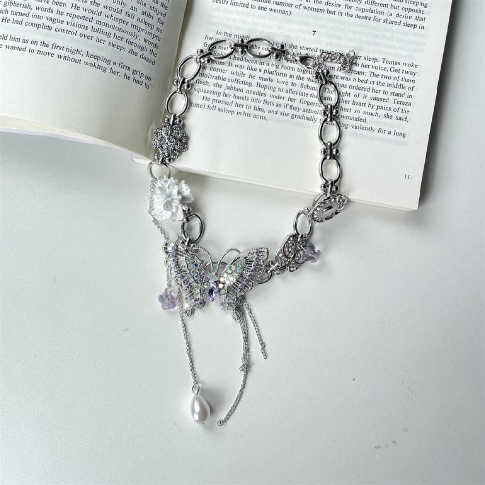 Rhinestone Butterfly Flower Necklace Tassel Women's Choker Fashion Vintage Metal Necklace  Gifts