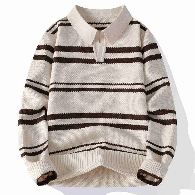 Autumn Winter Men's Striped Polo Collar Knitted Sweater Youthful Vitality Long Sleeve Turn Down Collar Casual Knit Pullovers Men