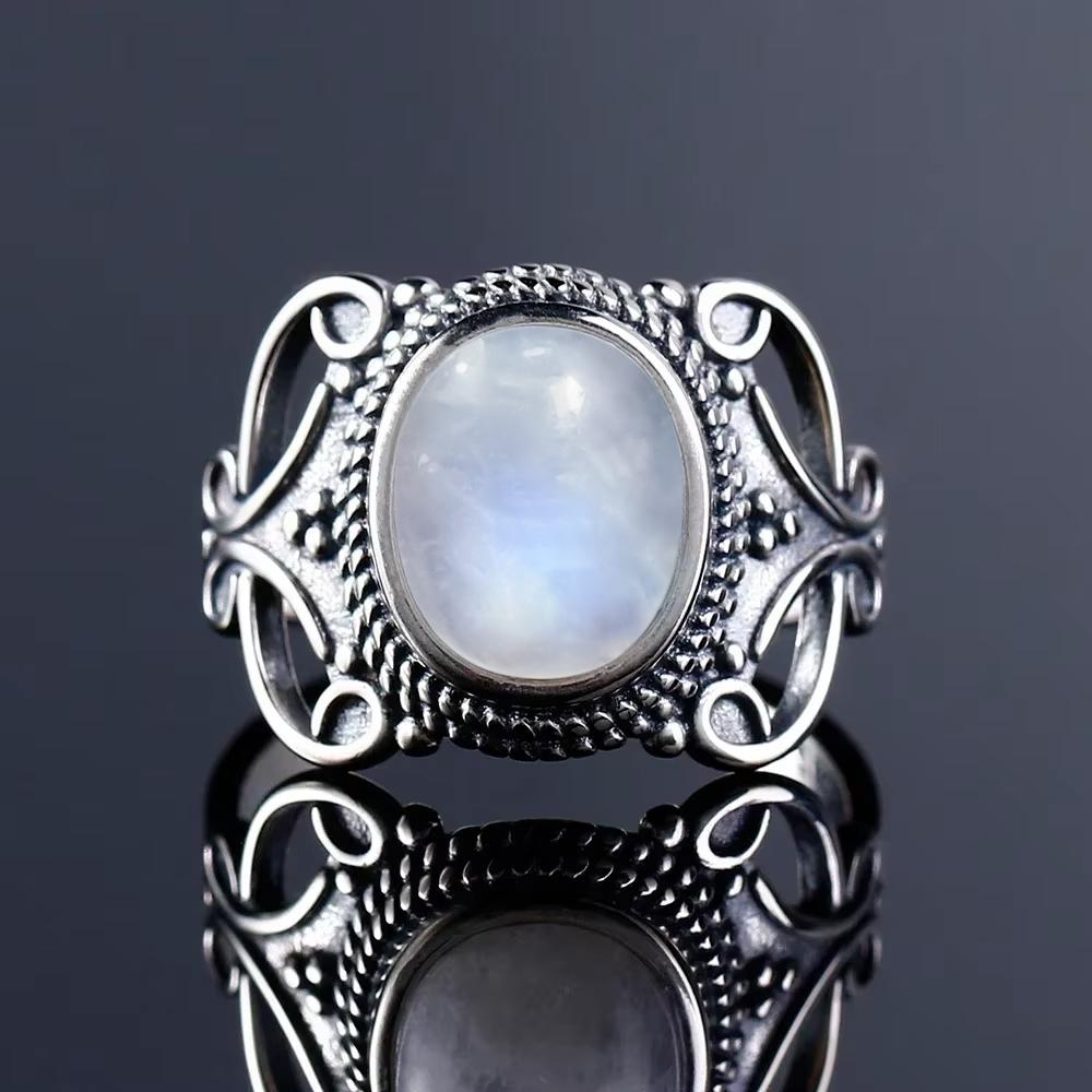 Vintage 925 Silver Ring Natural Moonstone Flower Ring 925 Hollow Eye Shape Round Sun And Moon Ring Fine Jewelry for Women Men