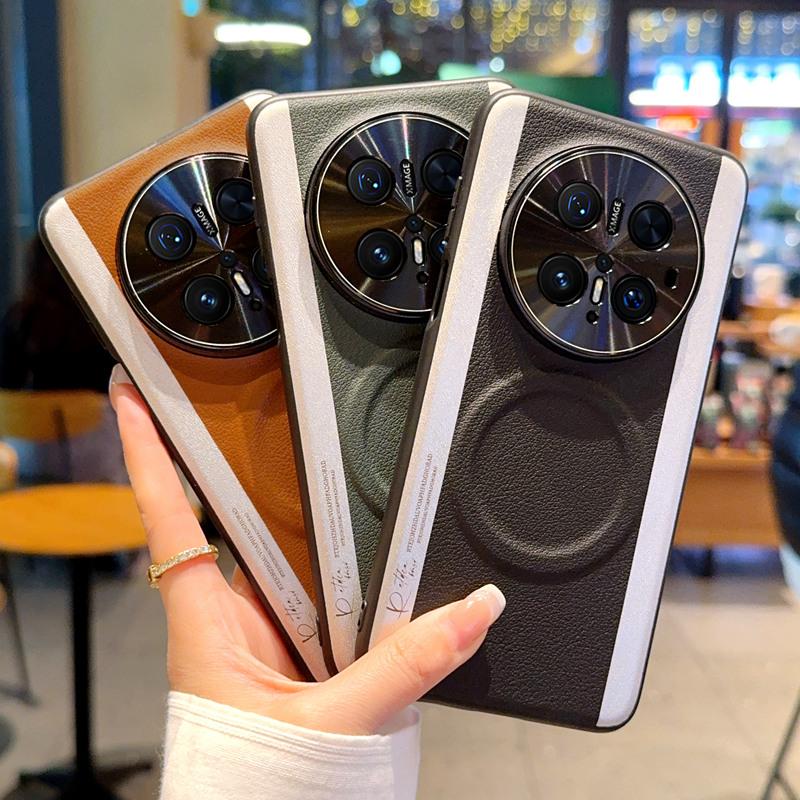 Pour coque de téléphone Huawei Mate 70 Mate 70 Pro Mate 70 Pro Plus avec motif cuir magnétique avec design à surpiqûres tricolores