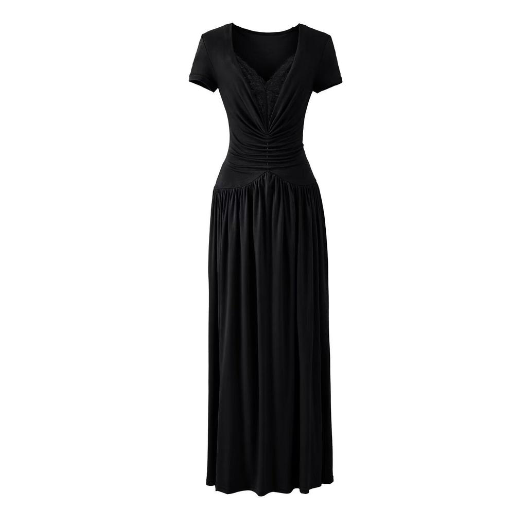 2026 Spring European & American Style Women's Lace Patchwork Waist-Cinching Long Dress with Short Sleeves