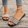 Foreign Trade Flat-bottomed Slippers Women's 2025 Summer New Pearl Rhinestone Outer Wear Square Head Fashion Casual Women's Sandals