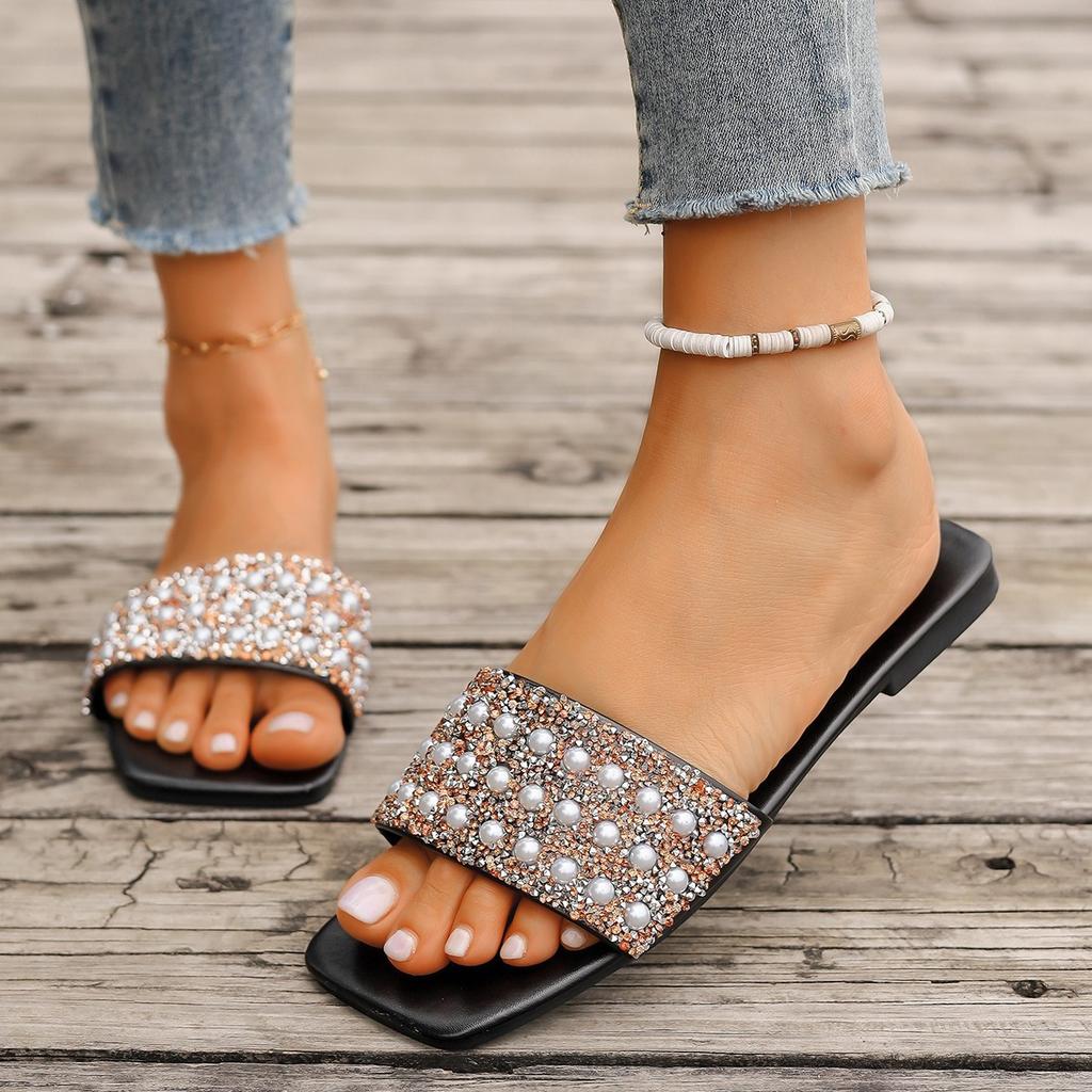 Foreign Trade Flat-bottomed Slippers Women's 2025 Summer New Pearl Rhinestone Outer Wear Square Head Fashion Casual Women's Sandals