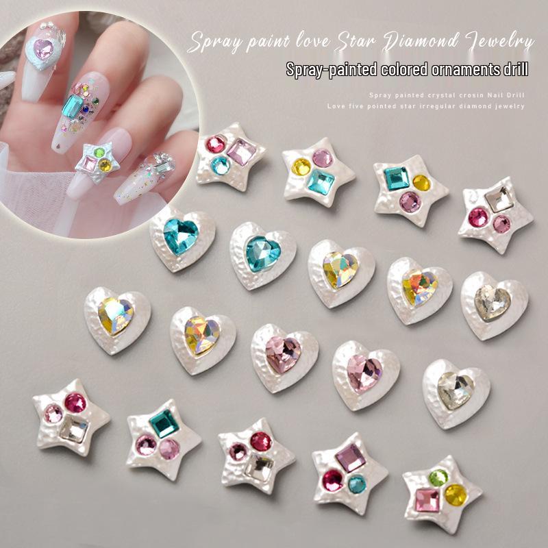 Internet Celebrity Nail Art: Pearl White Crystal Heart Rhinestone Star Spray Paint Alloy Decorations